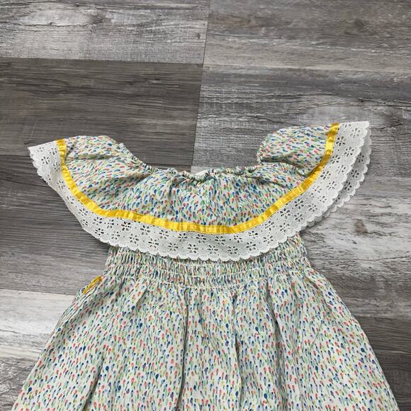 Vintage Kate Greenaway White Green Blue 6 Off-Shoulder Floral Boho Smocked Dress - Picture 2 of 9